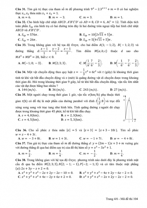 Đề và đáp án môn Toán mã đề 104 thi THPT quốc gia năm 2017 - đáp án của bộ GD-ĐT