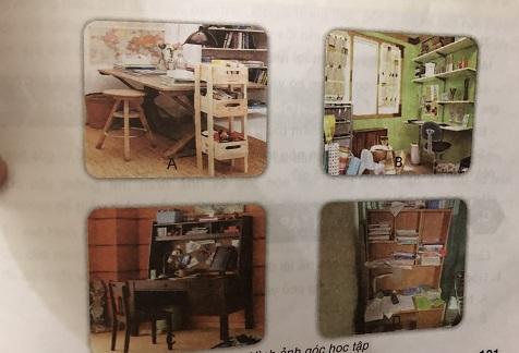 Hãy liệt kê các đồ dùng góc học tập và dụng cụ học tập có trong mỗi ảnh