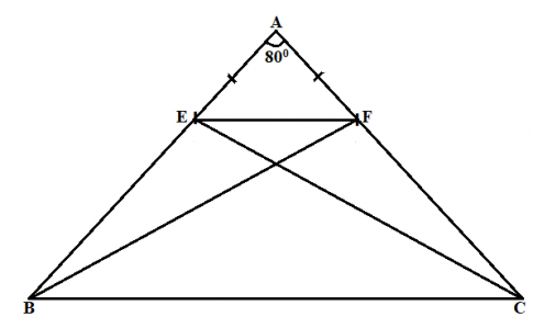 Xét $\bigtriangleup ABC$ cân tại A có $\widehat{A} = 80^{\circ}$ $\Rightarrow $ $\widehat{ABC} = \widehat{ACB} = \frac{180^{\circ} – 80^{\circ}}{2} = 50^{\circ}$. (1)  Xét $\bigtriangleup AEF$ cân tại A có $\widehat{A} = 80^{\circ}$ $\Rightarrow $ $\widehat{AEF} = \widehat{AFE} = \frac{180^{\circ} – 80^{\circ}}{2} = 50^{\circ}$. (2)  Từ (1) và (2): $\widehat{ABC} = \widehat{AEF}$ $\Rightarrow $ EF // BC (có hai góc đồng vị bằng nhau).  Chứng minh: BF = CE  Xét $\bigtriangleup ABF$ và $\bigtriangleup ACE$ có