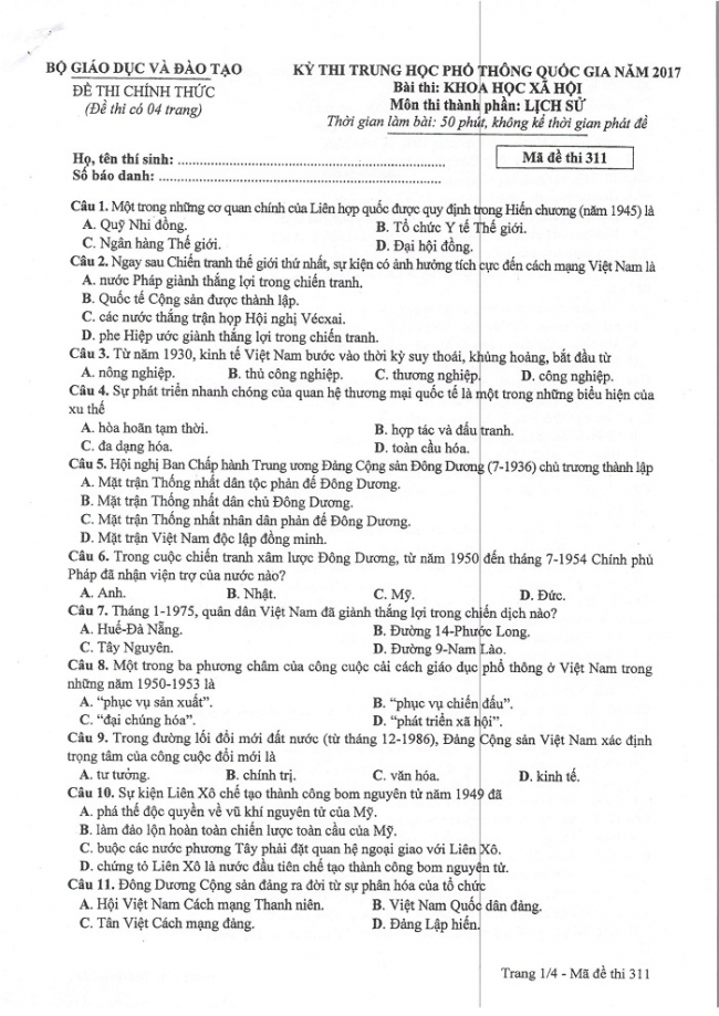 Đề và đáp án môn Sử mã đề 311 thi THPTQG 2017 – đáp án của bộ GD-ĐT