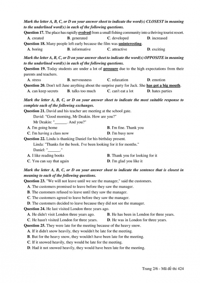 Đề và đáp án môn Tiếng Anh mã đề 424 thi THPT quốc gia năm 2017 - đáp án của bộ GD-ĐT