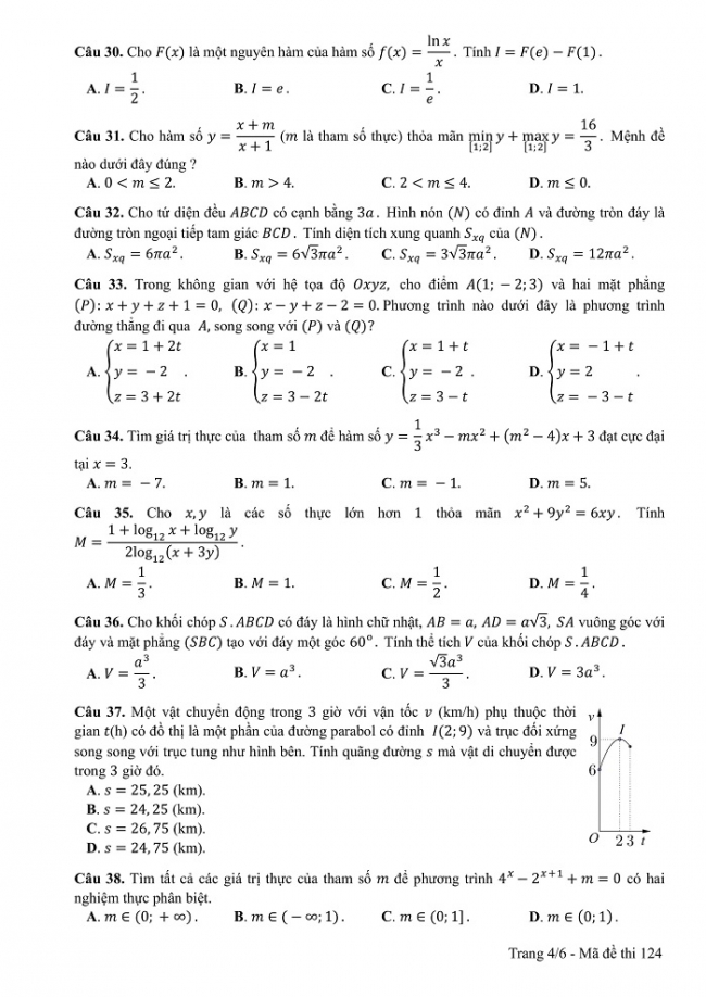 Đề và đáp án môn Toán mã đề 124 thi THPT quốc gia năm 2017 - đáp án của bộ GD-ĐT