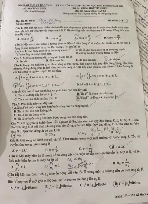 Thi THPTQG 2020: Đề thi và đáp án môn Vật lý mã đề 214