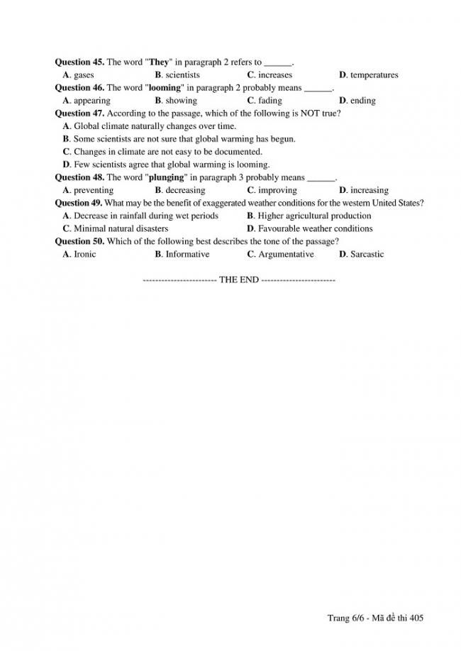 Đề và đáp án môn Tiếng Anh mã đề 405 thi THPT quốc gia năm 2017 - đáp án của bộ GD-ĐT