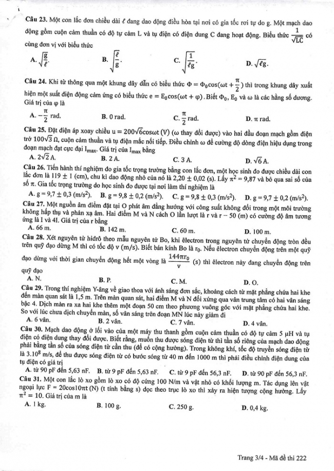 Đề và đáp án môn Vật lí mã đề 222 thi THPT quốc gia năm 2017 - đáp án của bộ GD-ĐT