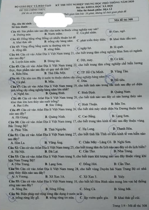 Thi THPQG 2020: Đề thi và đáp án môn Địa lí mã đề 308