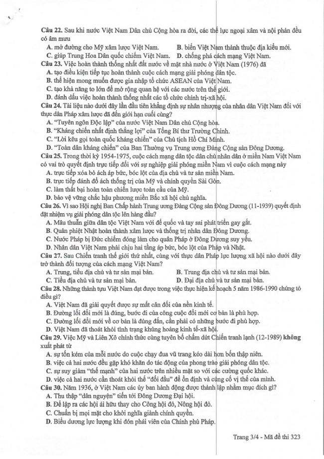 Đề và đáp án môn Sử mã đề 323 thi THPTQG 2017 – đáp án của bộ GD-ĐT