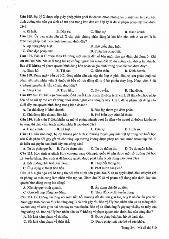 Đề và đáp án môn Công dân mã đề 310 thi THPTQG 2017 – đáp án của bộ GD-ĐT