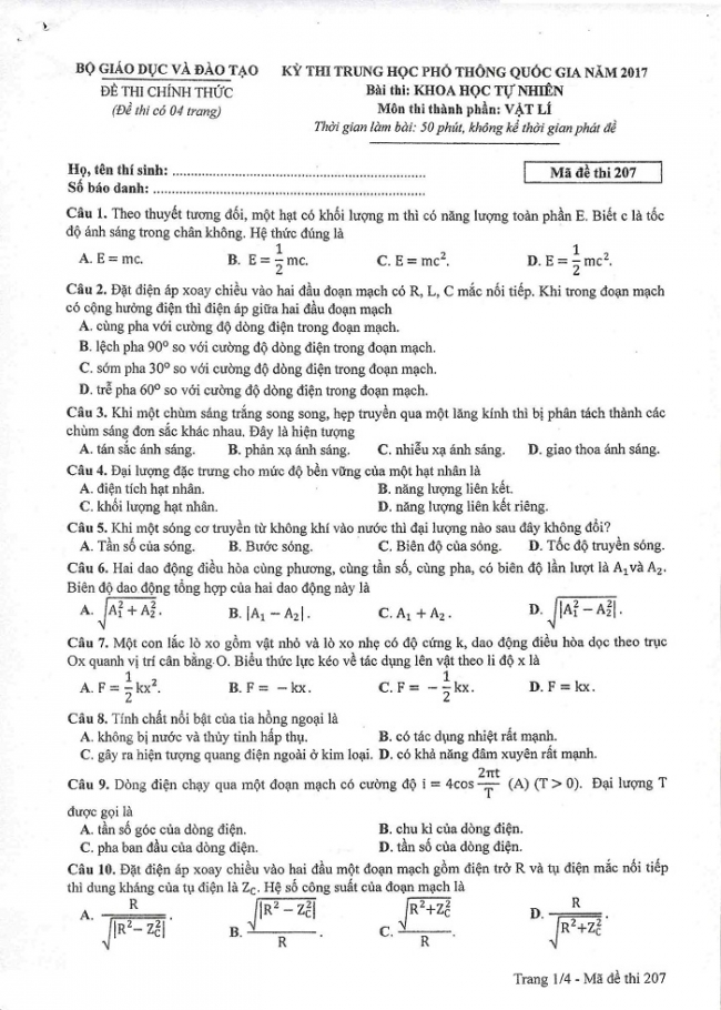 Đề và đáp án môn Vật lí mã đề 207 thi THPT quốc gia năm 2017 - đáp án của bộ GD-ĐT
