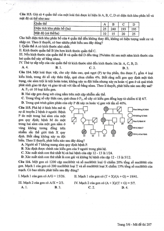 Đề và đáp án môn Sinh học mã đề 207 thi THPT quốc gia năm 2017 - đáp án của bộ GD-ĐT