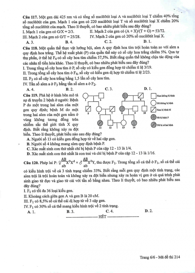 Đề và đáp án môn Sinh học mã đề 214 thi THPT quốc gia năm 2017 - đáp án của bộ GD-ĐT