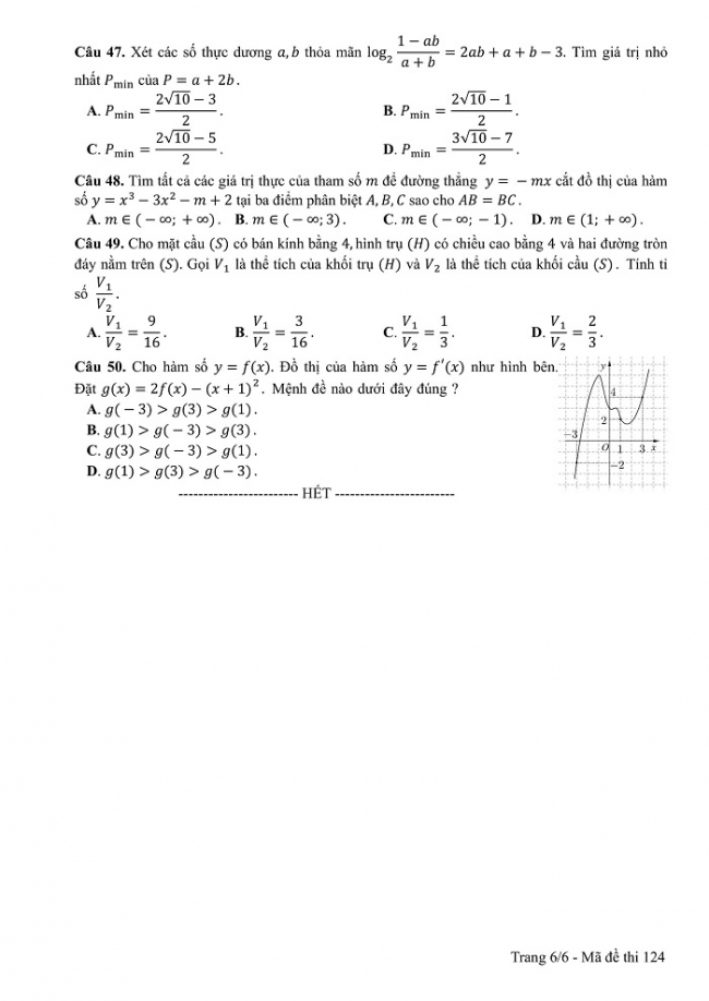 Đề và đáp án môn Toán mã đề 124 thi THPT quốc gia năm 2017 - đáp án của bộ GD-ĐT