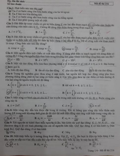 Thi THPTQG 2020: Đề thi và đáp án môn Vật lý mã đề 216