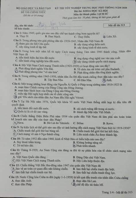 Thi THPQG 2020: Đề thi và đáp án môn Lịch sử mã đề 313