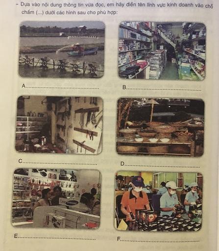 Dựa vào nội dung đã đọc, em hãy điền tên lĩnh vực kinh doanh vào chỗ trống dưới các hình cho phù hợp