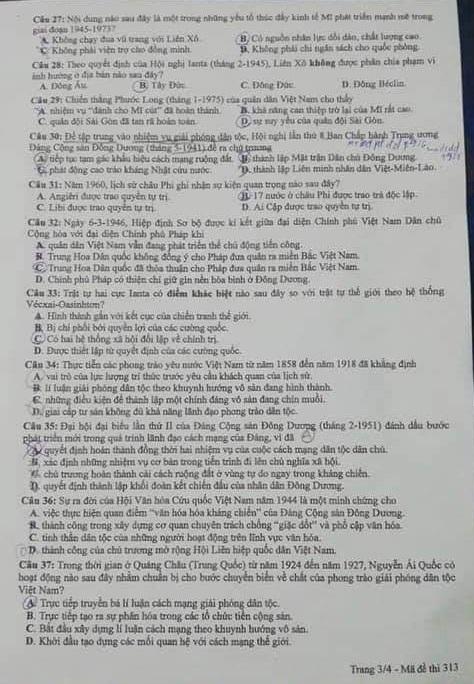 Thi THPQG 2020: Đề thi và đáp án môn Lịch sử mã đề 313