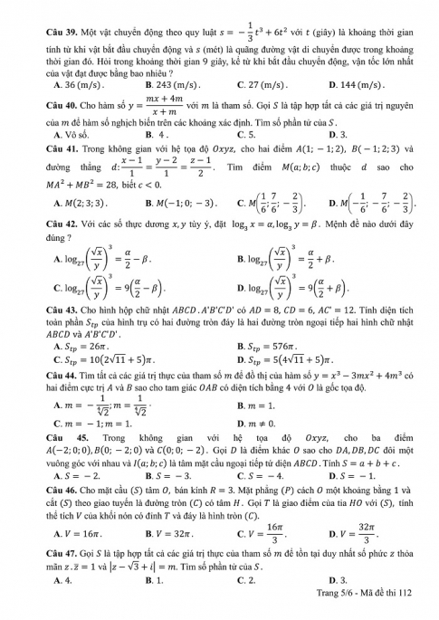 Đề và đáp án môn Toán mã đề 112 thi THPT quốc gia năm 2017 - đáp án của bộ GD-ĐT