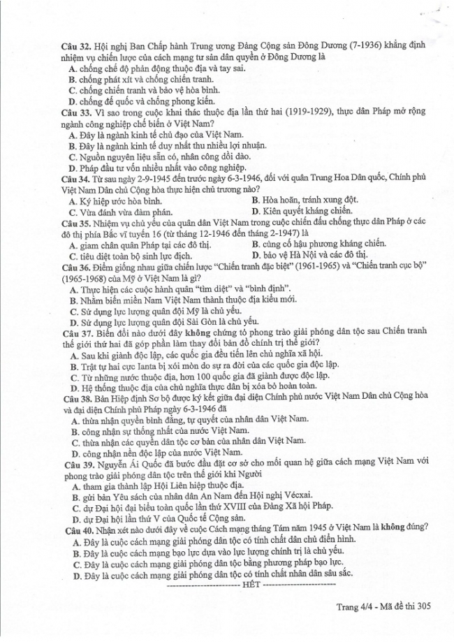 Đề và đáp án môn Sử mã đề 305 thi THPTQG 2017 – đáp án của bộ GD-ĐT