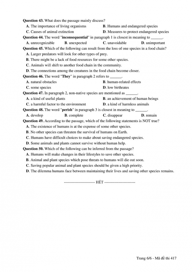 Đề và đáp án môn Tiếng Anh mã đề 417 thi THPT quốc gia năm 2017 - đáp án của bộ GD-ĐT