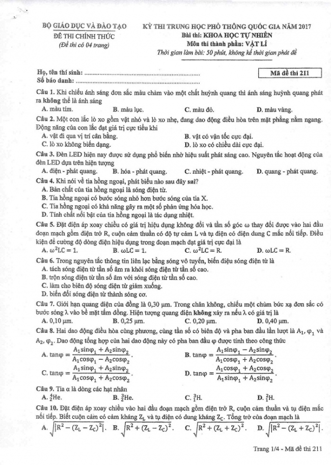 Đề và đáp án môn Vật lí mã đề 211 thi THPT quốc gia năm 2017 - đáp án của bộ GD-ĐT