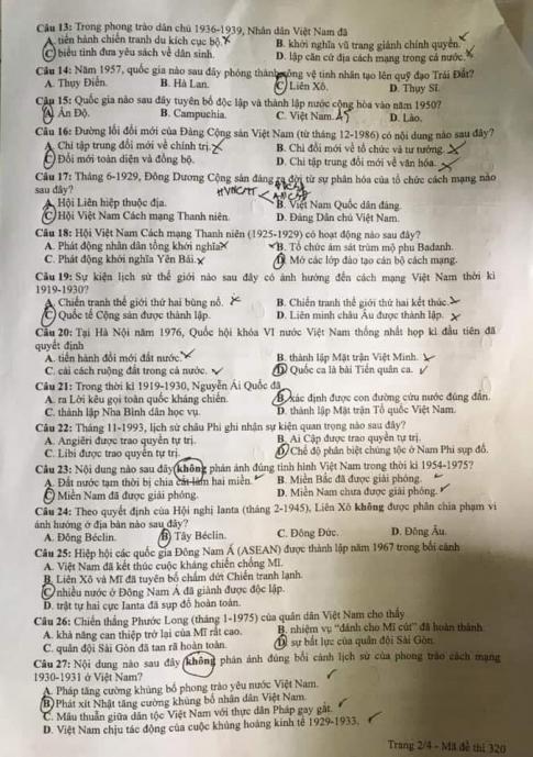 Thi THPQG 2020: Đề thi và đáp án môn Lịch sử mã đề 320
