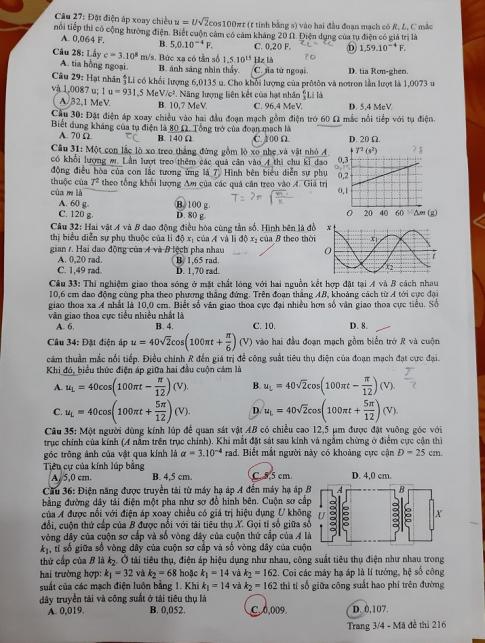 Thi THPTQG 2020: Đề thi và đáp án môn Vật lý mã đề 216