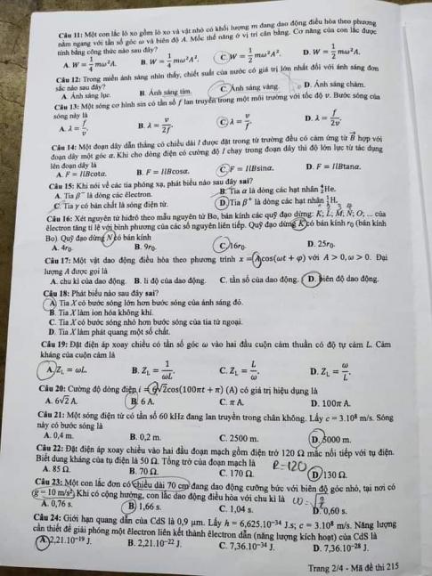 Thi THPTQG 2020: Đề thi và đáp án môn Vật lý mã đề 215
