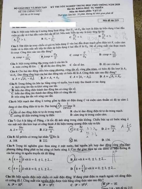 Thi THPTQG 2020: Đề thi và đáp án môn Vật lý mã đề 215
