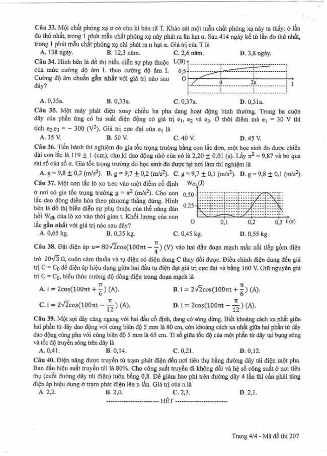Đề và đáp án môn Vật lí mã đề 207 thi THPT quốc gia năm 2017 - đáp án của bộ GD-ĐT