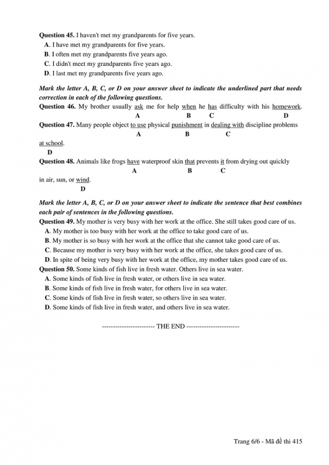 Đề và đáp án môn Tiếng Anh mã đề 415 thi THPT quốc gia năm 2017 - đáp án của bộ GD-ĐT