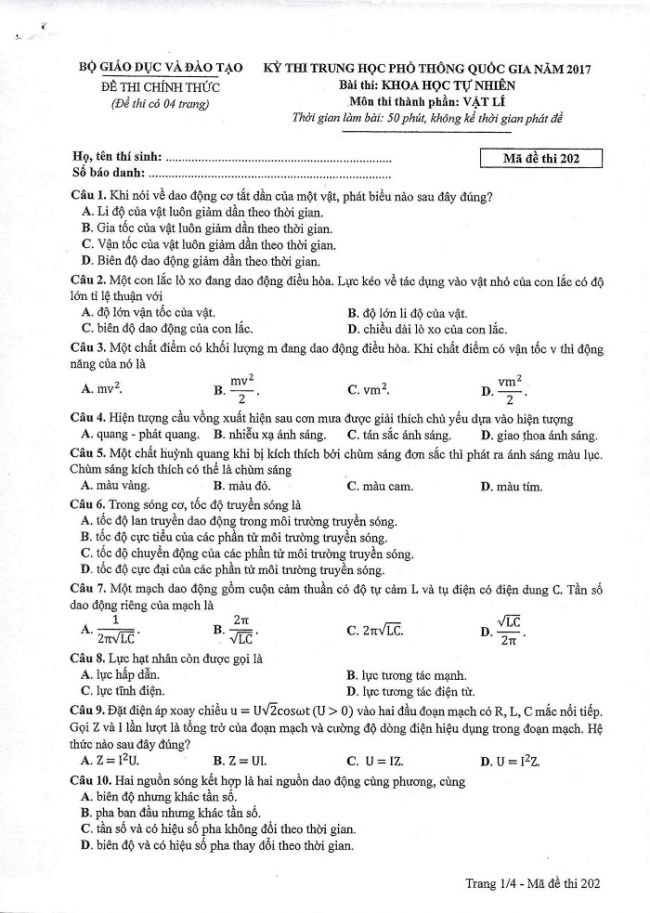 Đề và đáp án môn Vật lí mã đề 202 thi THPT quốc gia năm 2017 - đáp án của bộ GD-ĐT
