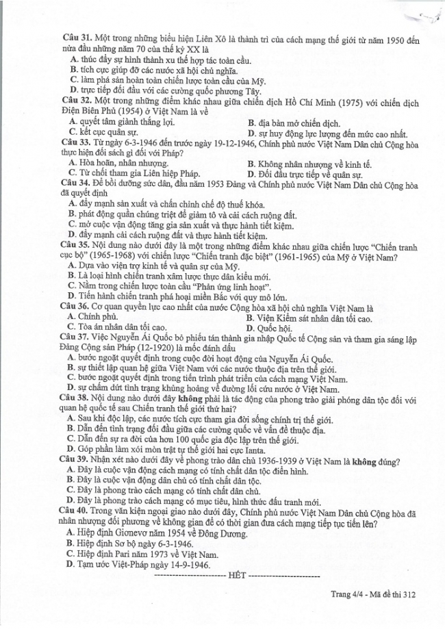 Đề và đáp án môn Sử mã đề 312 thi THPTQG 2017 – đáp án của bộ GD-ĐT