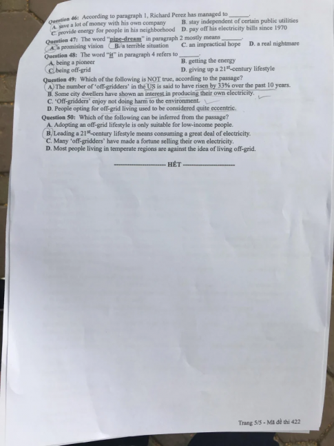 Thi THPQG 2020: Đề thi và đáp án môn Tiếng anh mã đề 422