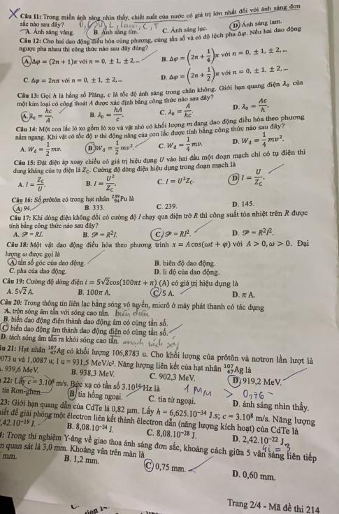 Thi THPTQG 2020: Đề thi và đáp án môn Vật lý mã đề 214