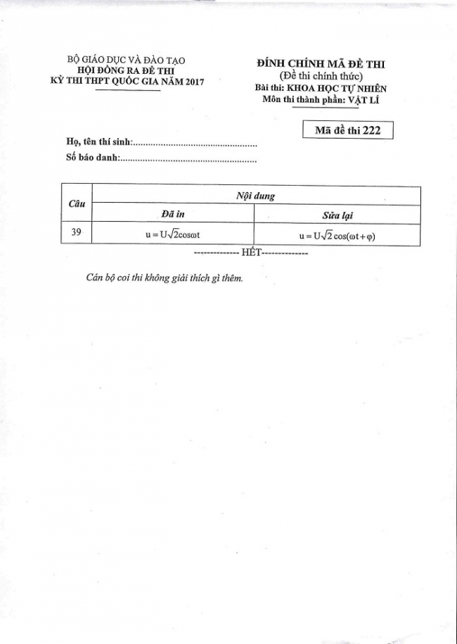 Đề và đáp án môn Vật lí mã đề 222 thi THPT quốc gia năm 2017 - đáp án của bộ GD-ĐT