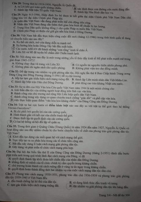 Thi THPQG 2020: Đề thi và đáp án môn Lịch sử mã đề 304
