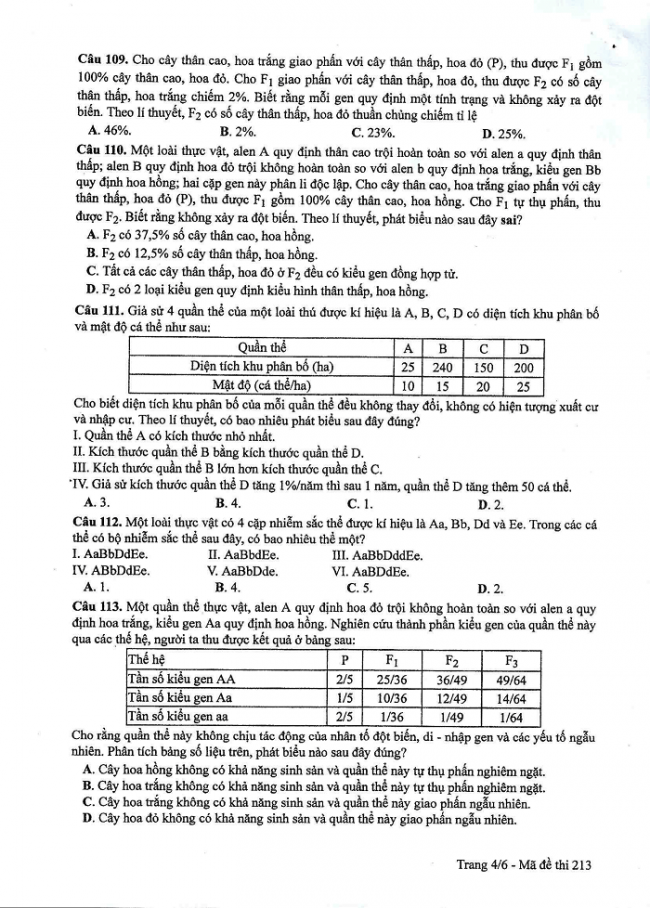 Đề và đáp án môn Sinh học mã đề 213 thi THPT quốc gia năm 2017 - đáp án của bộ GD-ĐT