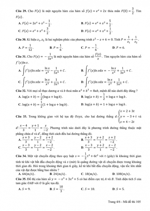 Đề và đáp án môn Toán mã đề 105 thi THPT quốc gia năm 2017 - đáp án của bộ GD-ĐT