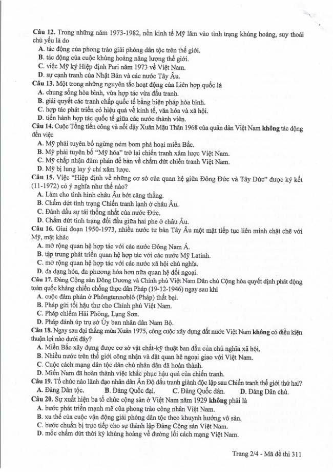 Đề và đáp án môn Sử mã đề 311 thi THPTQG 2017 – đáp án của bộ GD-ĐT