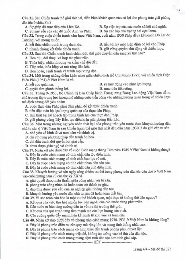 Đề và đáp án môn Sử mã đề 323 thi THPTQG 2017 – đáp án của bộ GD-ĐT