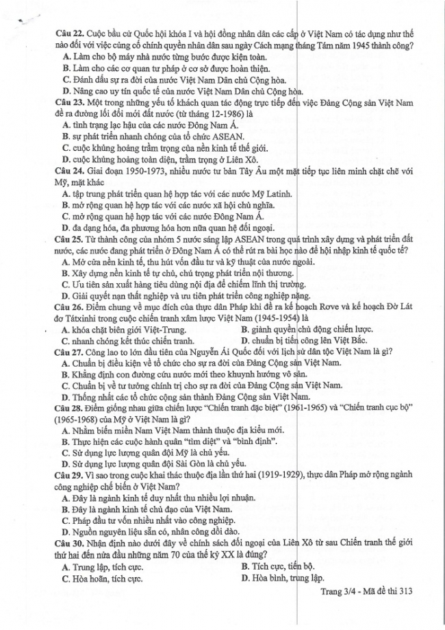 Đề và đáp án môn Sử mã đề 313 thi THPTQG 2017 – đáp án của bộ GD-ĐT