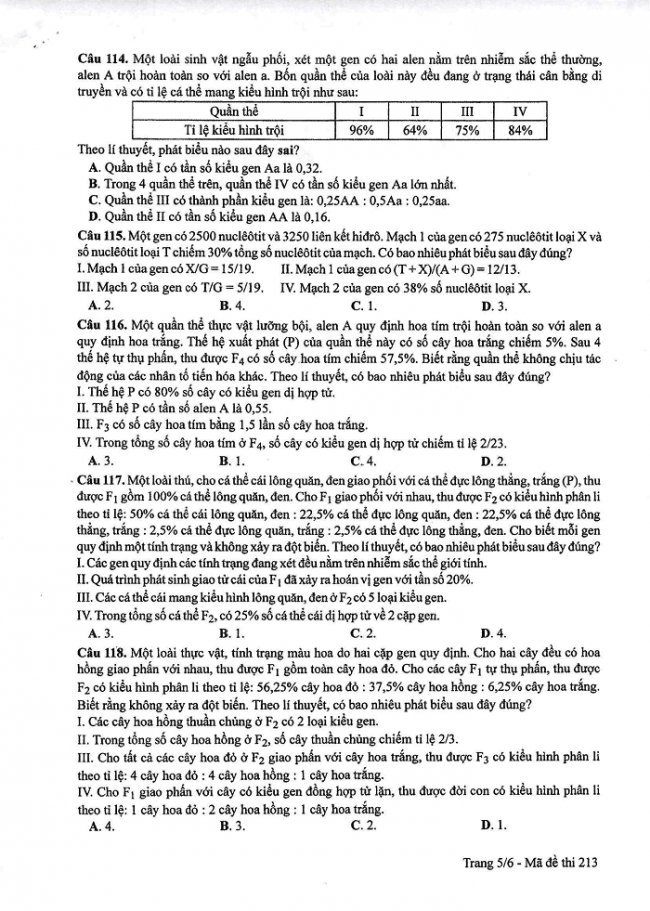 Đề và đáp án môn Sinh học mã đề 213 thi THPT quốc gia năm 2017 - đáp án của bộ GD-ĐT