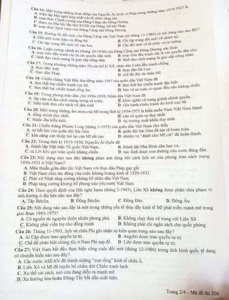 Thi THPQG 2020: Đề thi và đáp án môn Lịch sử mã đề 306
