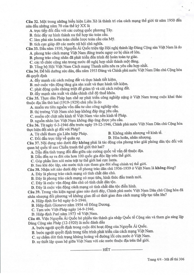 Đề và đáp án môn Sử mã đề 306 thi THPTQG 2017 – đáp án của bộ GD-ĐT