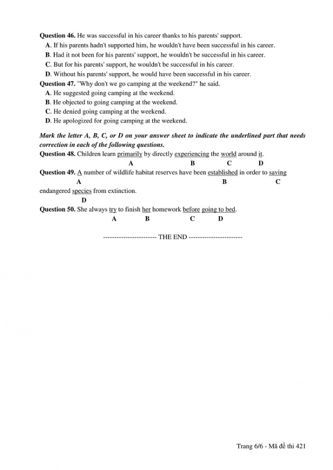 Đề và đáp án môn Tiếng Anh mã đề 421 thi THPT quốc gia năm 2017 - đáp án của bộ GD-ĐT