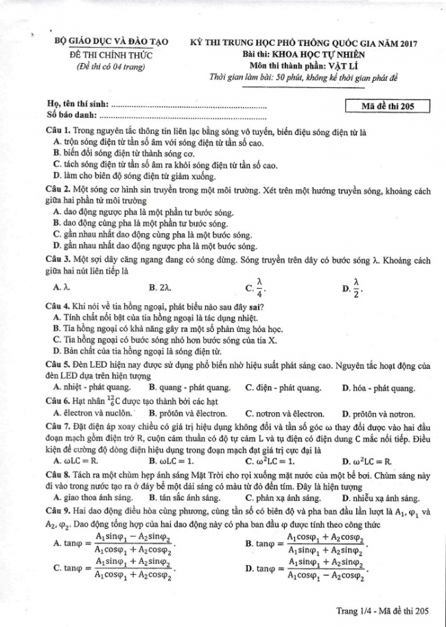 Đề và đáp án môn Vật lí mã đề 205 thi THPT quốc gia năm 2017 - đáp án của bộ GD-ĐT