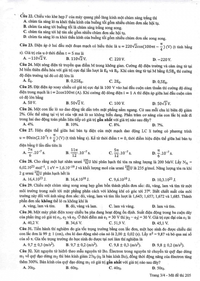 Đề và đáp án môn Vật lí mã đề 205 thi THPT quốc gia năm 2017 - đáp án của bộ GD-ĐT