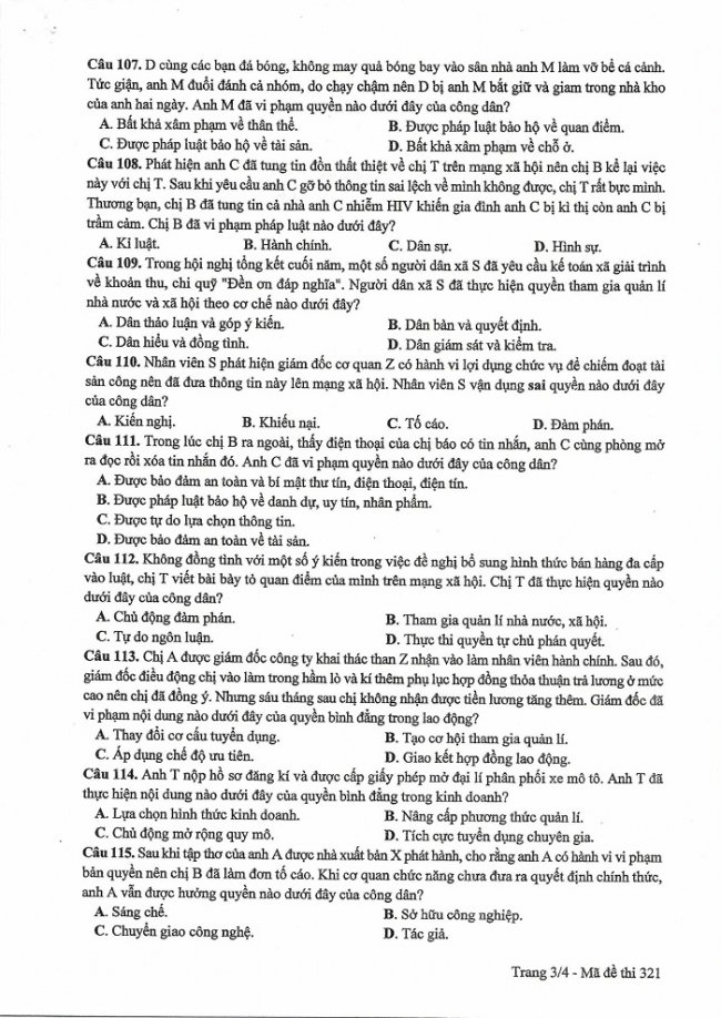 Môn Công dân mã đề 321 thi THPT quốc gia năm 2017 Đáp án mã đề 321 - đáp án chính thức của bộ GD - ĐT Đề và đáp án toàn bộ các môn thi kỳ thi THPT quốc gia năm 2017