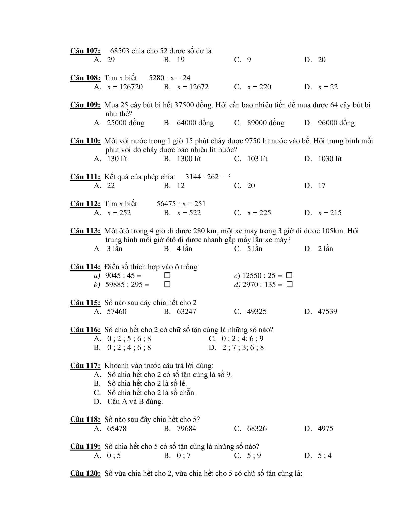 210 câu trắc nghiệm Toán lớp 4