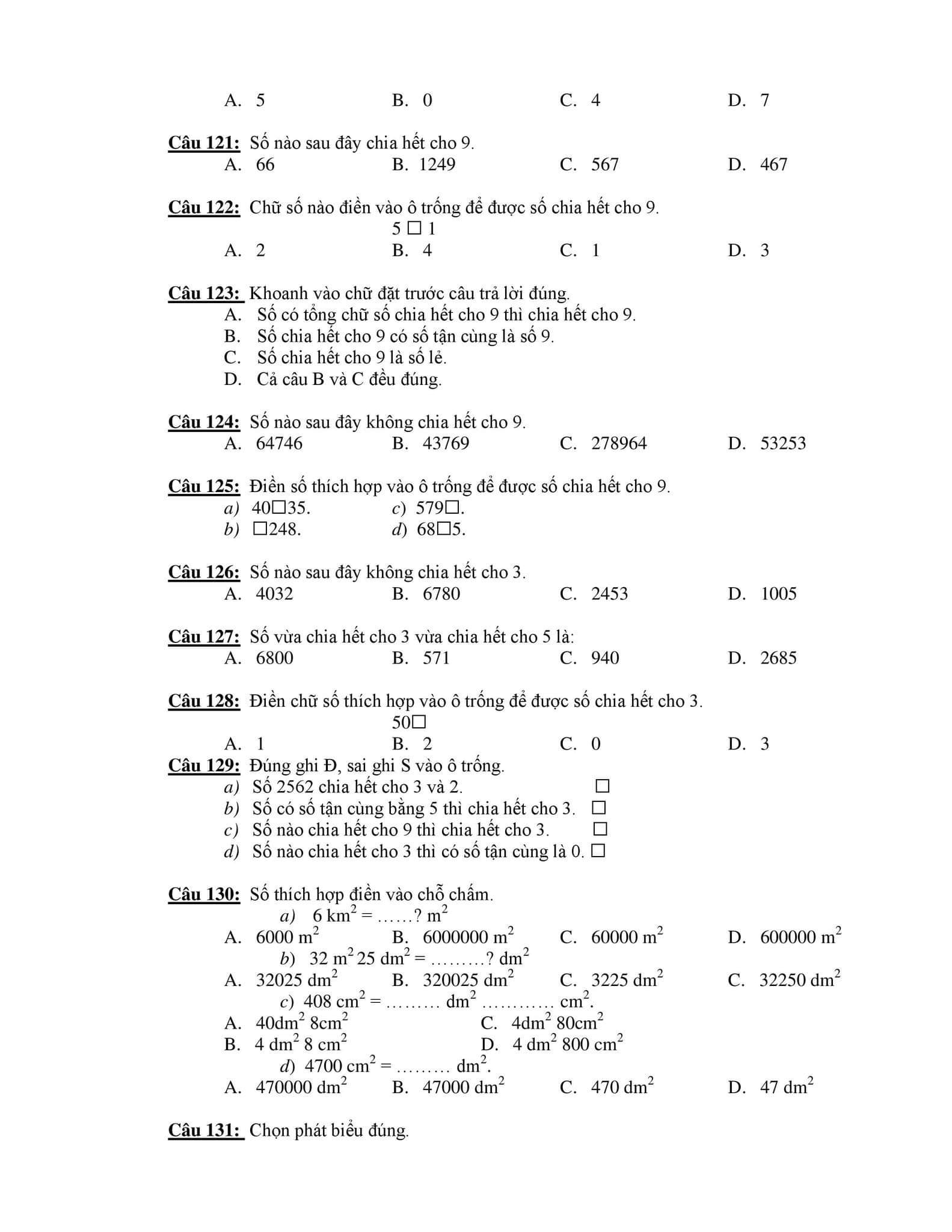 210 câu trắc nghiệm Toán lớp 4